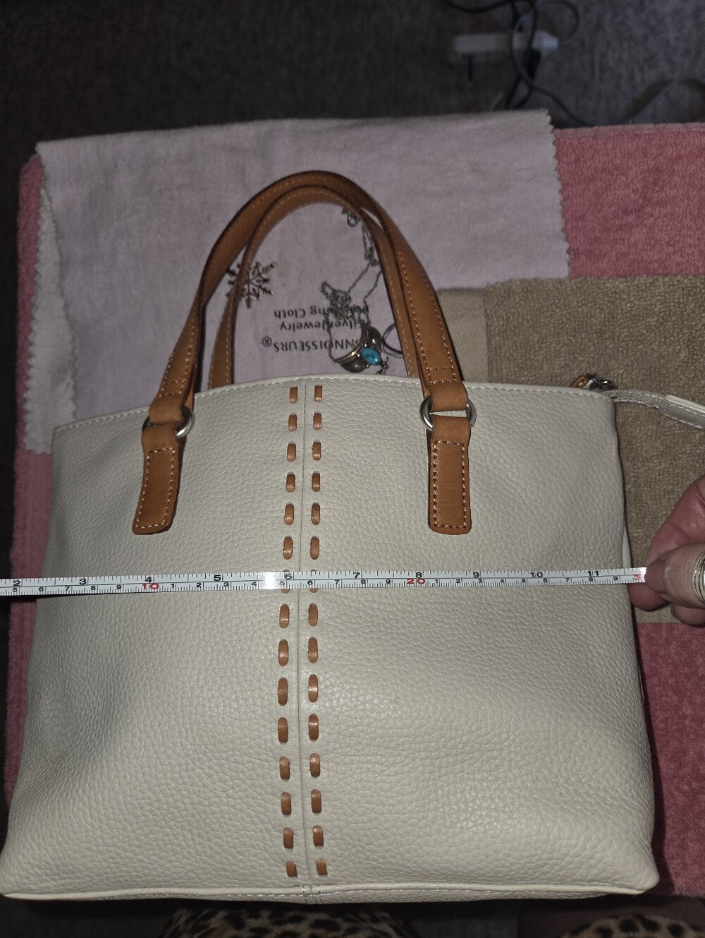 Fossil White Leather Handbag Tote | Tan Straps | Pebbled Leather Classic Stitch - Picture 9 of 11